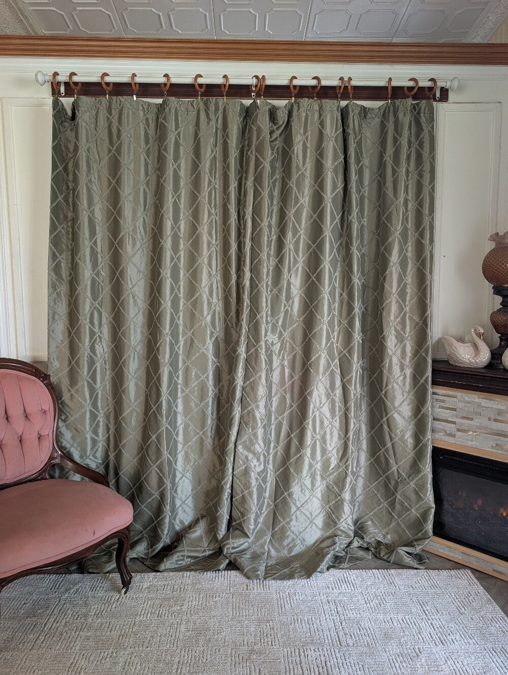 Custom Curtain Panels (2) Green Satin 100W x 87L Cotton Lined Tie Backs Tassel - Picture 4 of 14